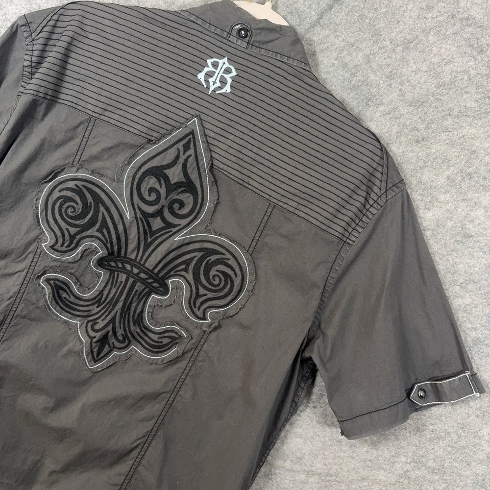 Roar Button Up Shirt Mens XL Gray Embroidered Goth Cyber Grunge Tribal Pockets